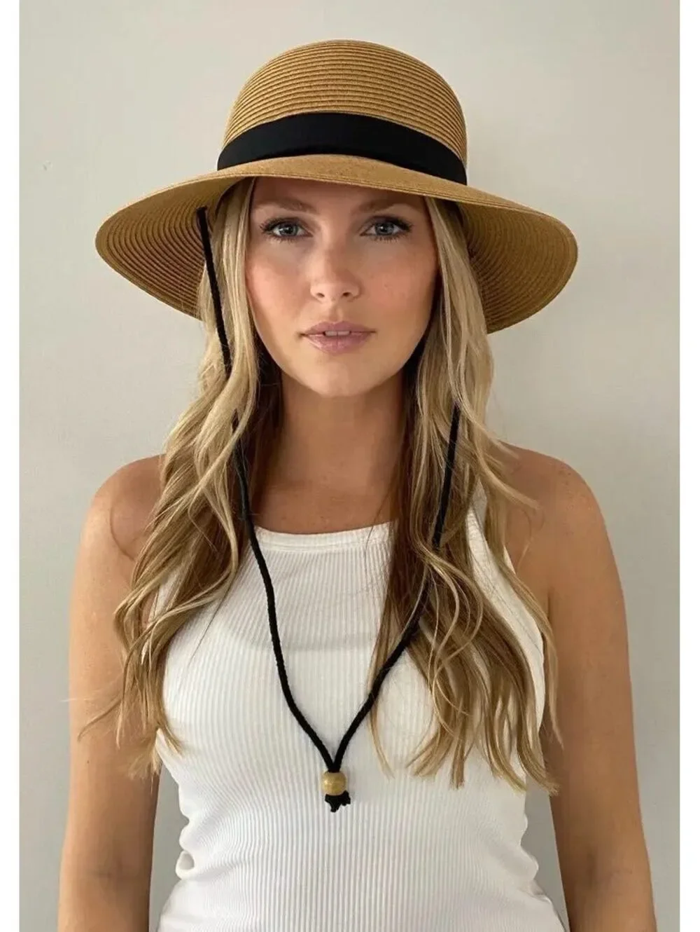 Sungrubbies Wide Brim Straw Hat with Adjustable Chin Strap - Tan and Black